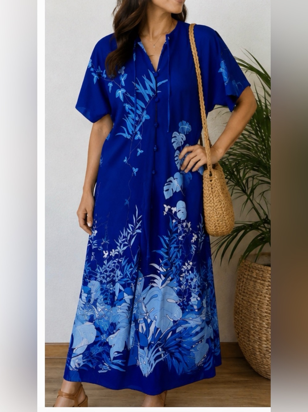 VTG NANI of Hawaii Liberty House Blue S/S Floral Dress Caftan Mumu SZ 14 M